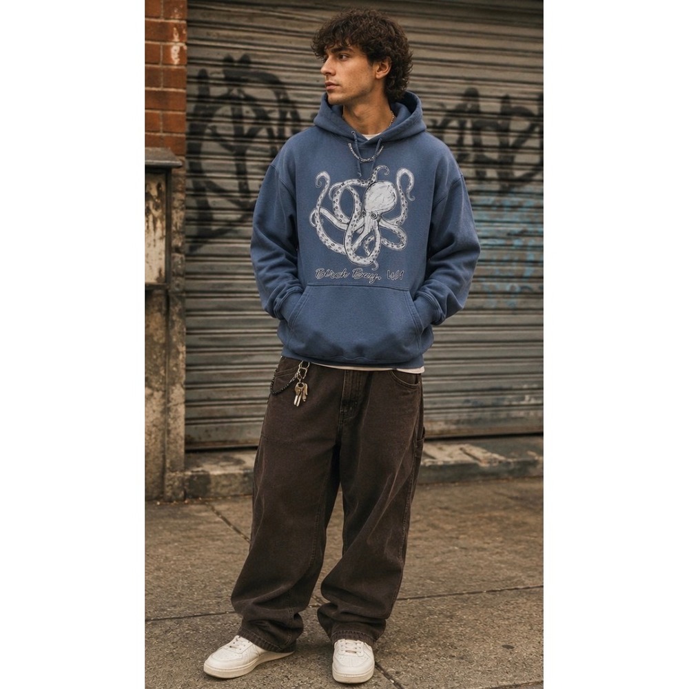 Octopus Hoodie Blue Medium Birch Bay WA Graphic Sweatshirt Pullover Y2K Workout